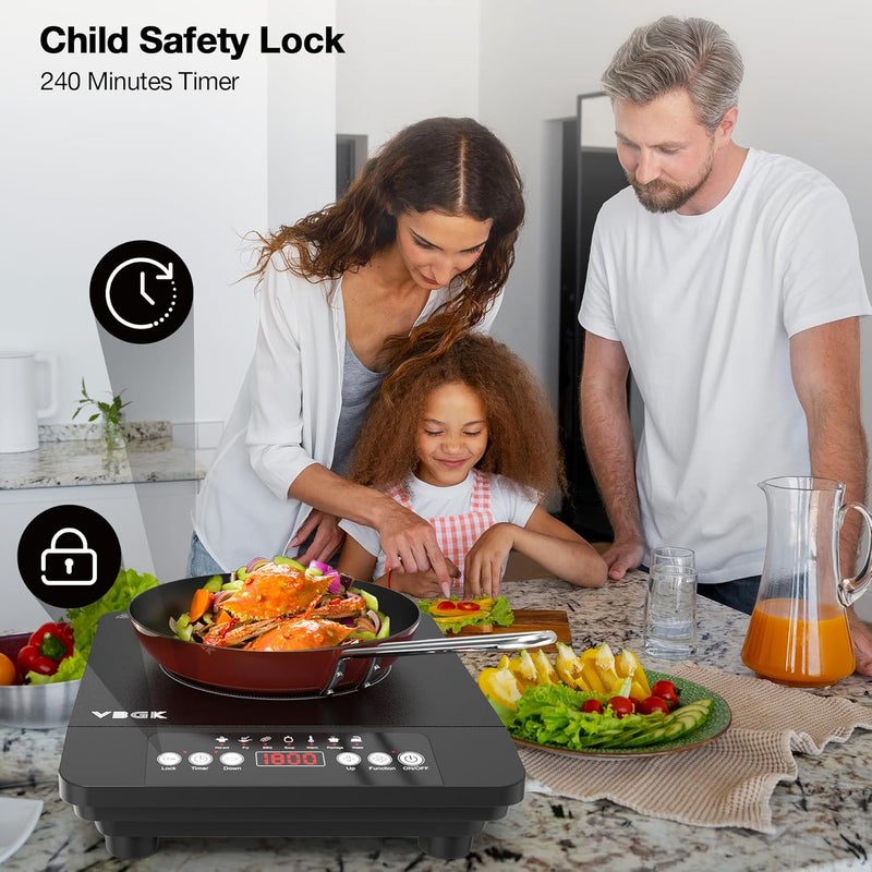 Bgk Single Burner Induction Cooktop,1800W Portable Induction Cooktop,110V Hot Plate with LCD Sensor Touch, 7 Temp Levels up to 518°F, Safety Lock, 4-Hour Timer, 9 Heat-Resistant Cooking - Image 2